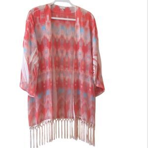 REBA Western Cowgirl Southwestern Boho Colorful Fringe Kimono Cardigan Size L